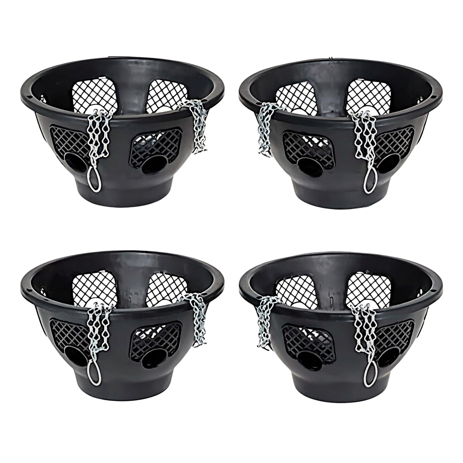 Four black plastic Baskets with mesh bottoms and chains on a white background