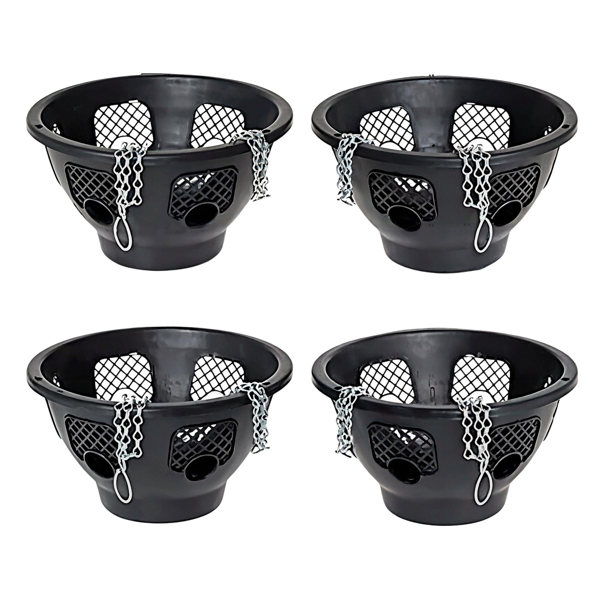 Four black plastic Baskets with mesh bottoms and chains on a white background