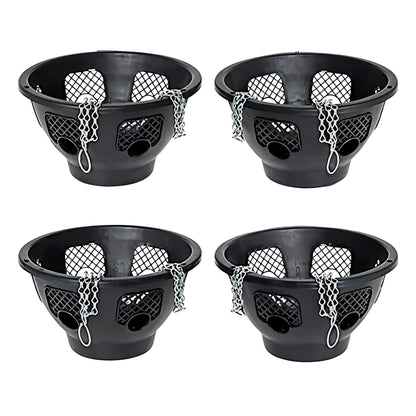 Four black plastic Baskets with mesh bottoms and chains on a white background