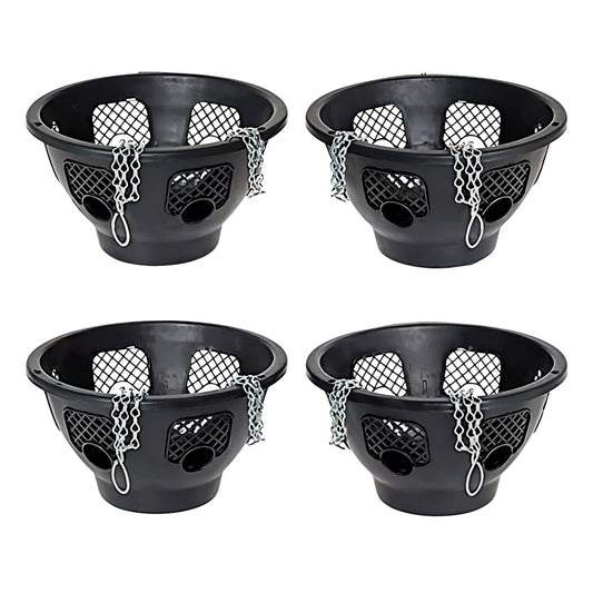 Four black plastic Baskets with mesh bottoms and chains on a white background