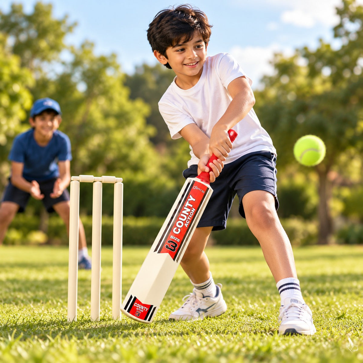 Boy batting with a DIVCHI size 3 cricket bat in the garden