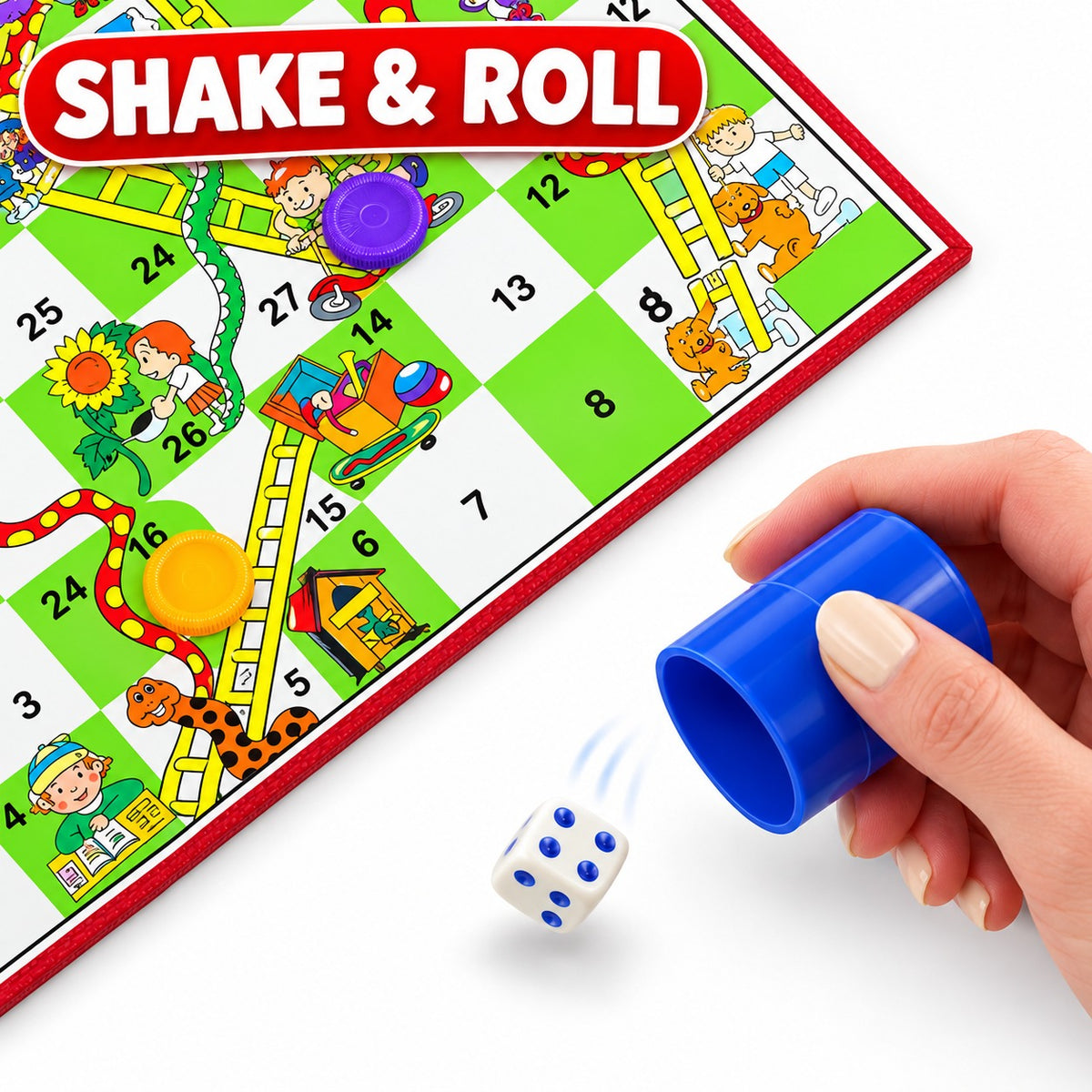 Hand rolling the dice from the blue shaker beside the Snakes & Ladders board