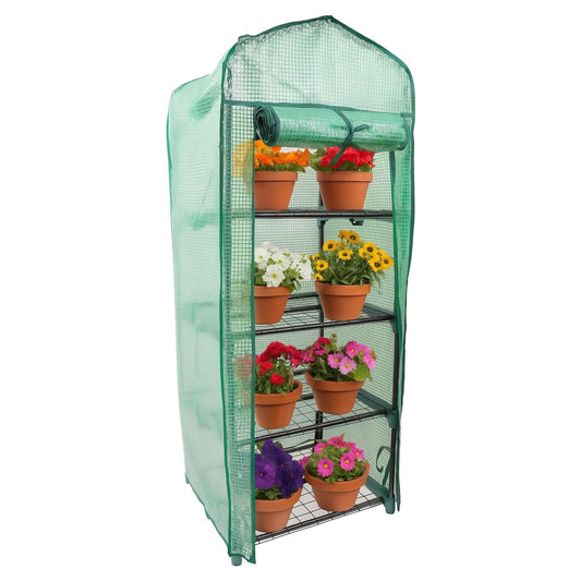 Green4 tier mini greenhouse with potted plants on a white background