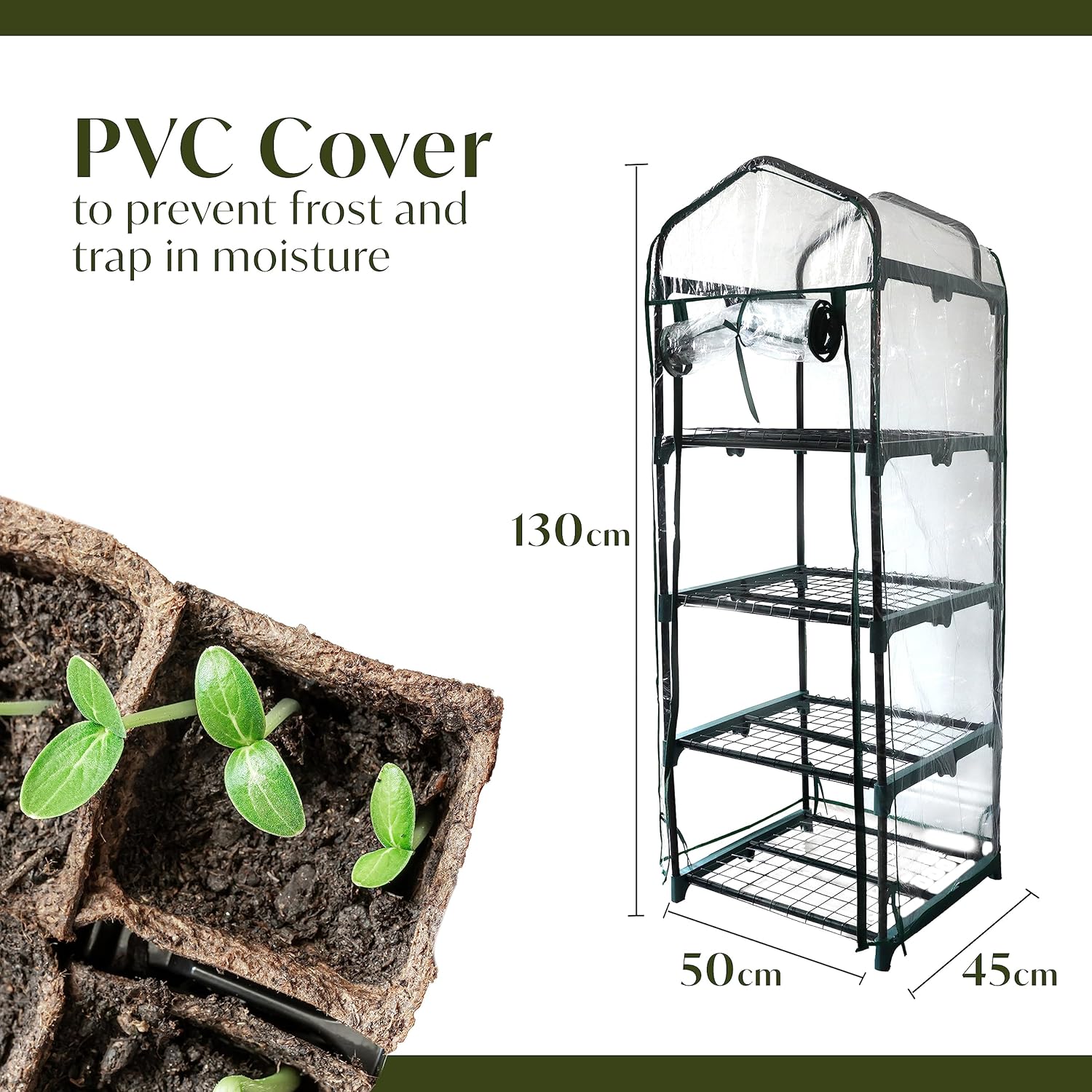 4 tier greenhouse with PVC cover, plants, and dimensions on a white background