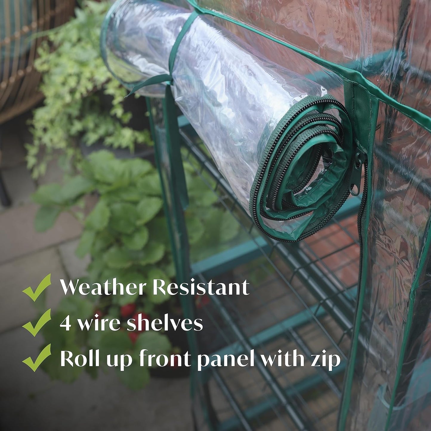 Roll of clear plastic with green frame and shelves, weather resistant and roll up front panel with zip.