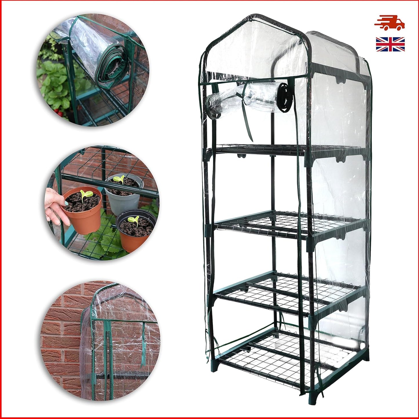 Four-tier greenhouse with clear cover and images of plants and setup on a white background.