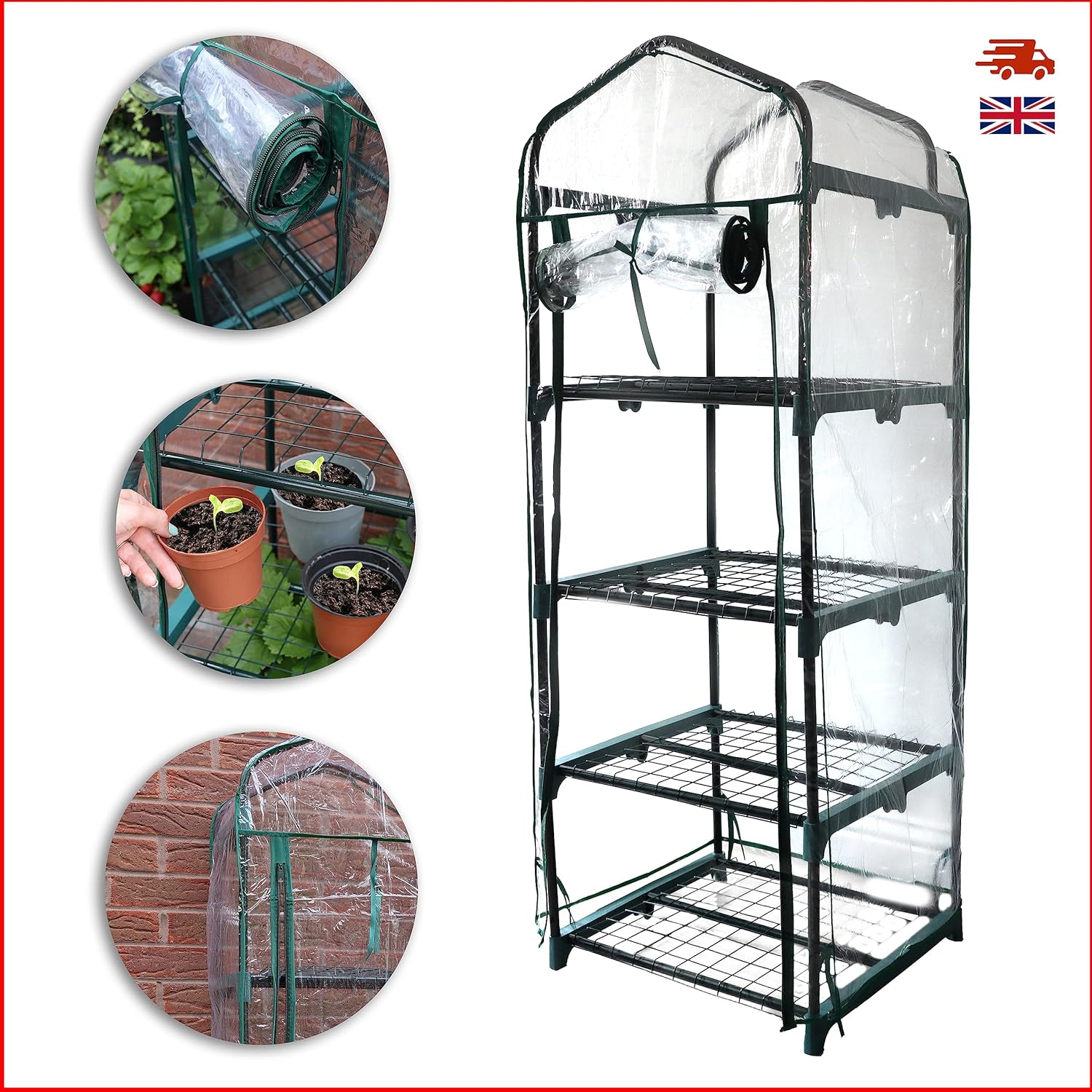 Four-tier greenhouse with clear cover and images of plants and setup on a white background.