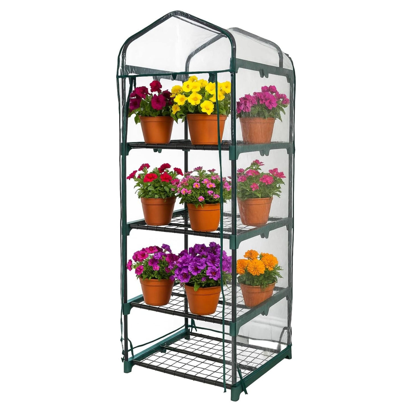 4 tier greenhouse with potted flowers on a white background