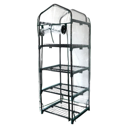 Clear Cover 4 tier greenhouse with metal frame on a white background