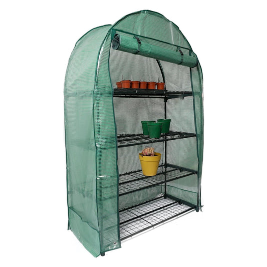 4 tier wide greenhouse with shelves and pots on a white background