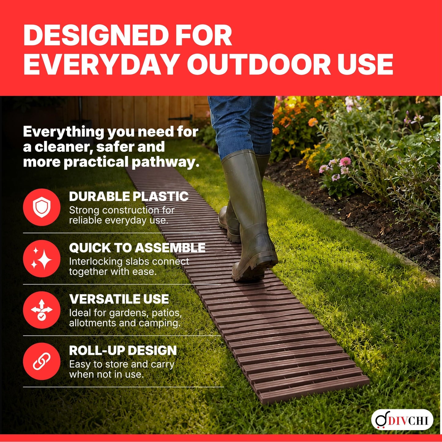 DIVCHI 1.39m Roll Out Garden Path, Durable Pathway & Grass Protection Mat | Outdoor Walkway for Lawns & Patios, Interlocking Plastic Paving Slabs