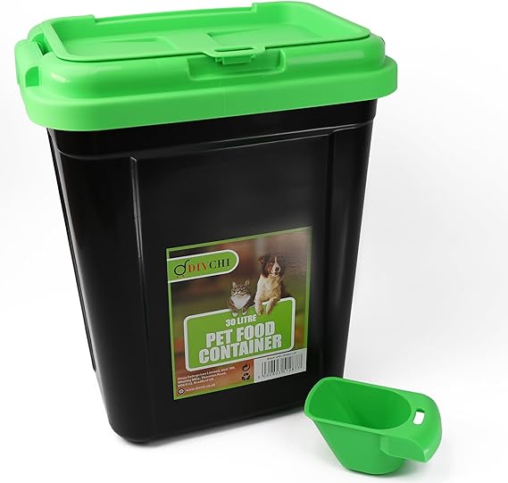 Pet Food Storage Container Flip Top Locking System With Integrated Scoop