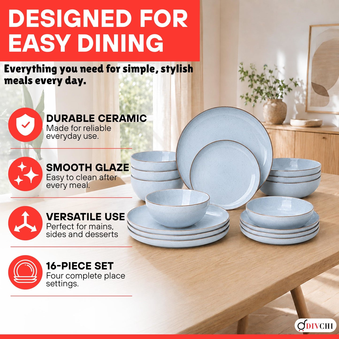 DIVCHI 16-Piece Dinner Set for 4 Ceramic Dinnerware Set