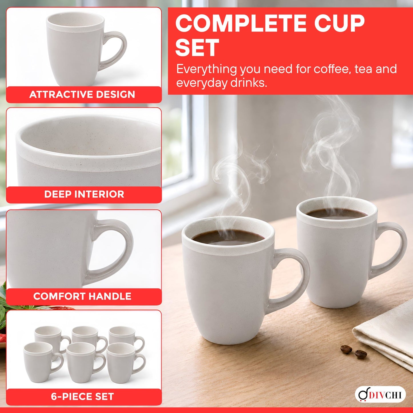 DIVCHI Coffee Mugs Set of 6 Ceramic Tea Hot Chocolate Cups