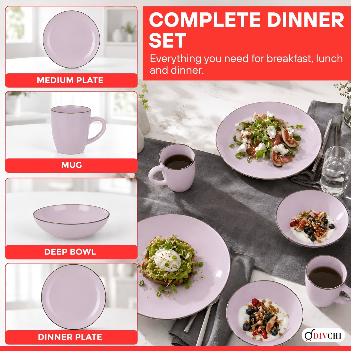 DIVCHI 16-Piece Dinner Set for 4, Ceramic Kitchen Tableware