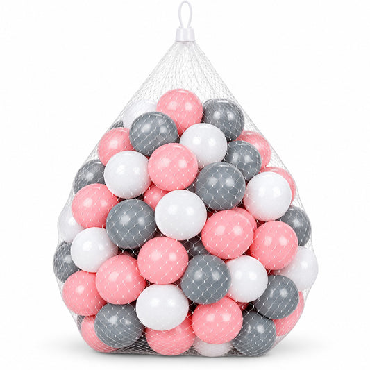 DIVCHI metallic soft play balls in pink, grey and white in a net bag