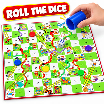 Colourful Snakes & Ladders board with counters, ladders and snakes, numbered squares 1 to 100