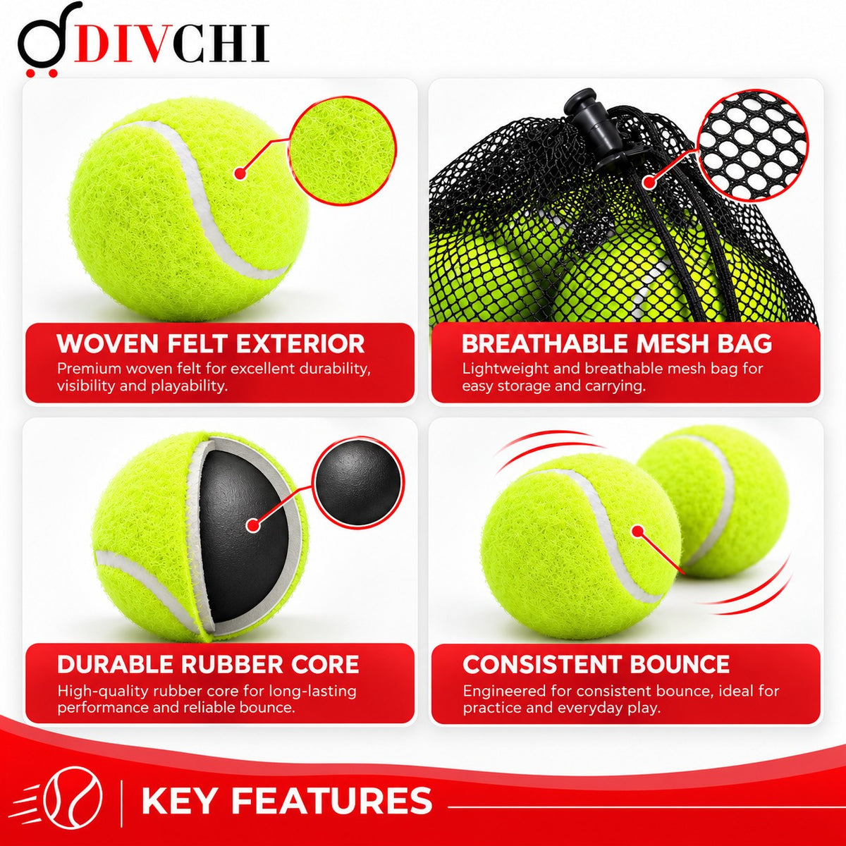 DIVCHI tennis ball key features: woven felt exterior, durable rubber core, breathable mesh bag and consistent bounce
