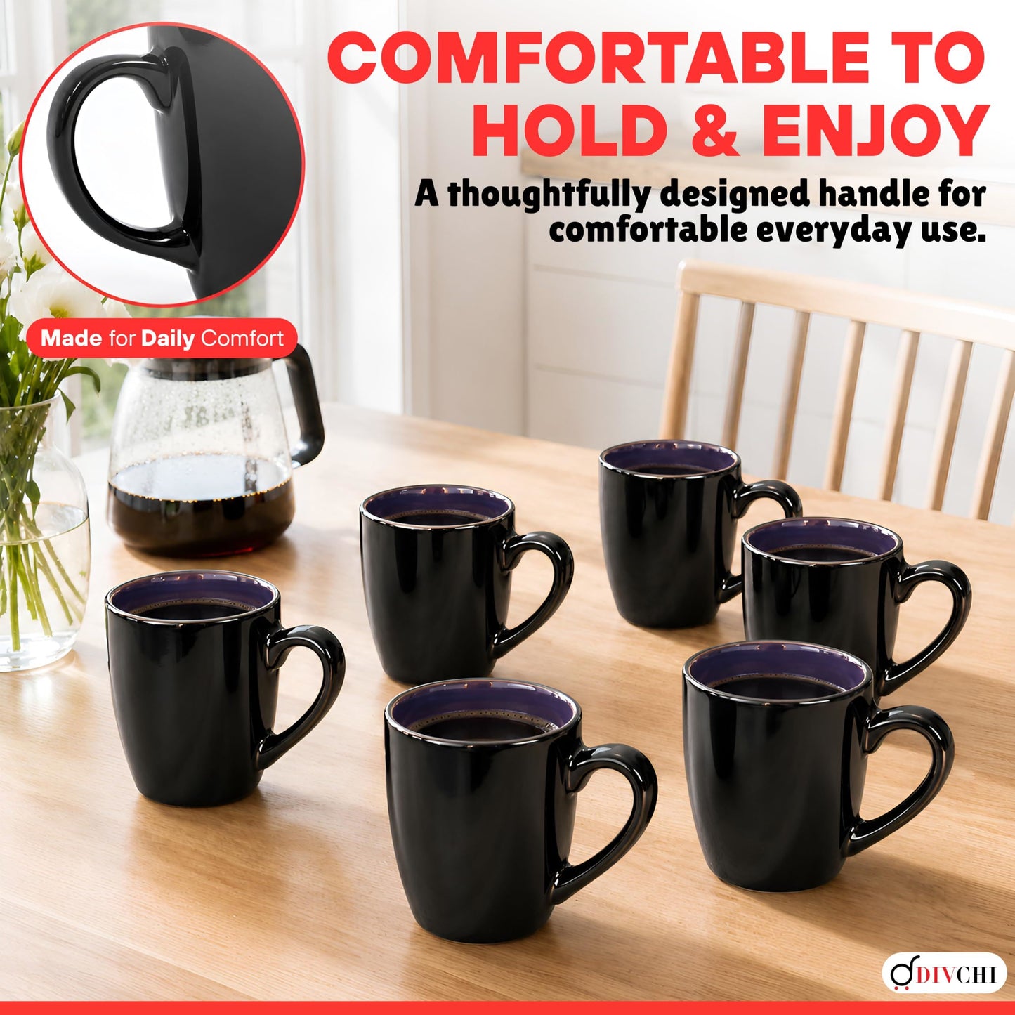 DIVCHI Coffee Mugs Set of 6 Ceramic Tea Hot Chocolate Cups