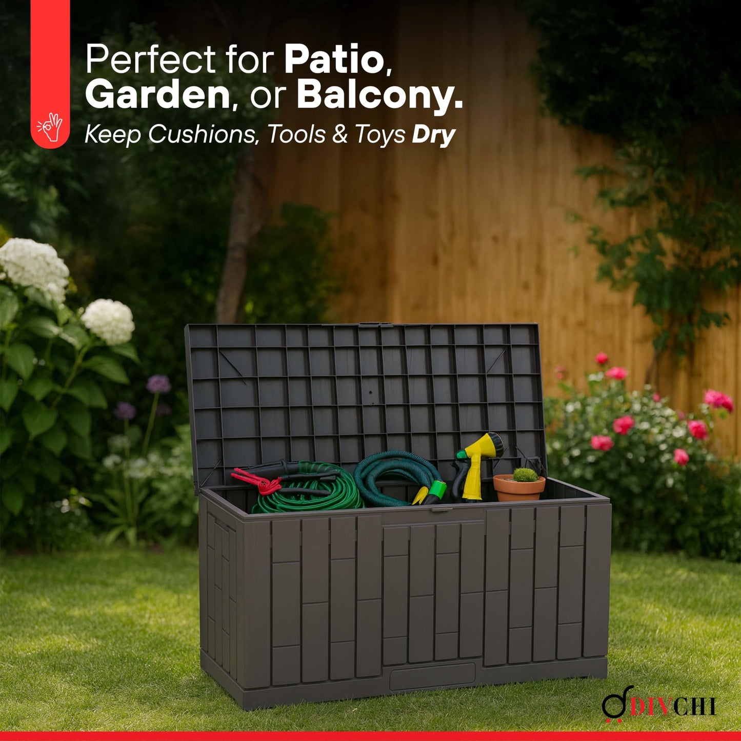 DIVCHI Outdoor Storage Box Waterproof Deck Box for Garden Tools Patio Cushions and Pool Accessories Lockable Easy Assembly Versatile Bench or Table (60 Gallon)