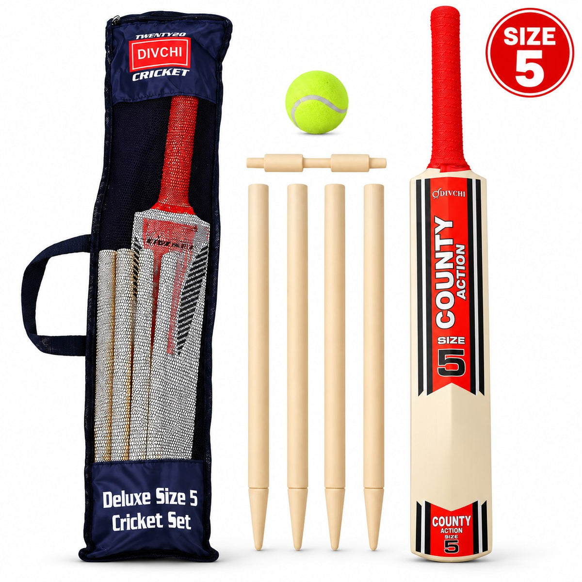 DIVCHI Size 5 cricket set with bat, stumps, ball and carry bag