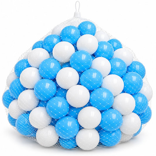 DIVCHI blue and white soft play balls in a net bag