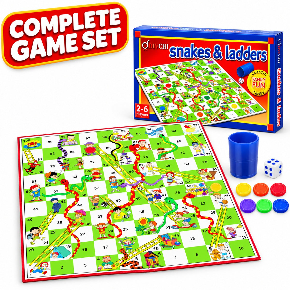 Complete DIVCHI Snakes & Ladders game set with box, board, shaker, dice and counters