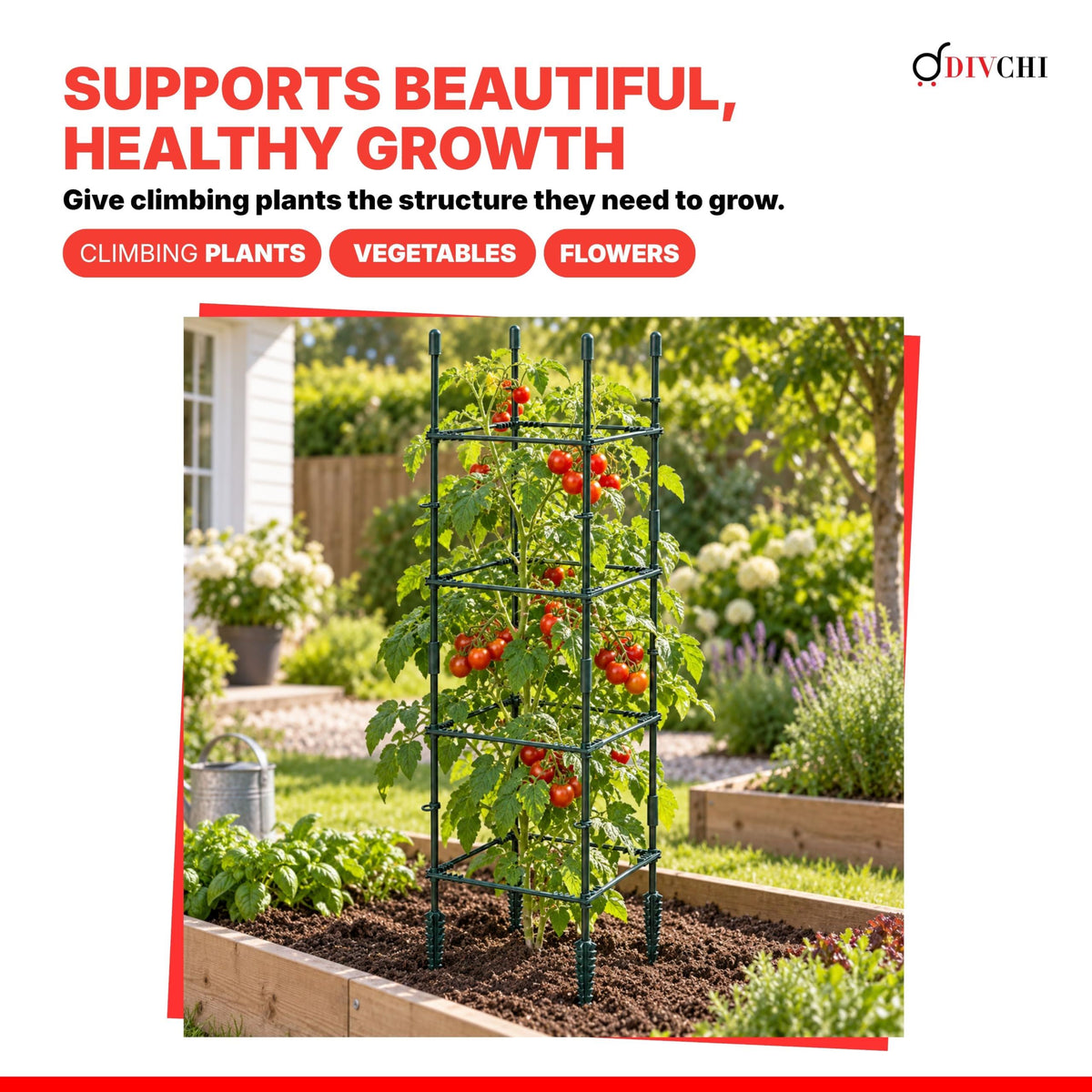 DIVCHI Tomato Plant Support Cage, Square Garden Trellis with Plants Support Clips & Stakes for Vertical Climbing Plants, Vegetables, Fruits, Flowers & Vines