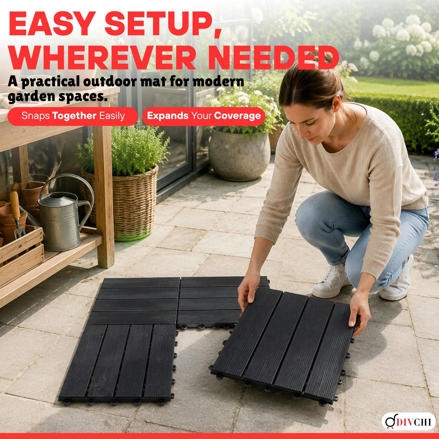 DIVCHI Composite Decking Tiles Set of 4 Interlocking Mat Outdoor Garden Deck Tiles Patio Flooring for Balcony Terrace (29.5 x 29.5 cm)