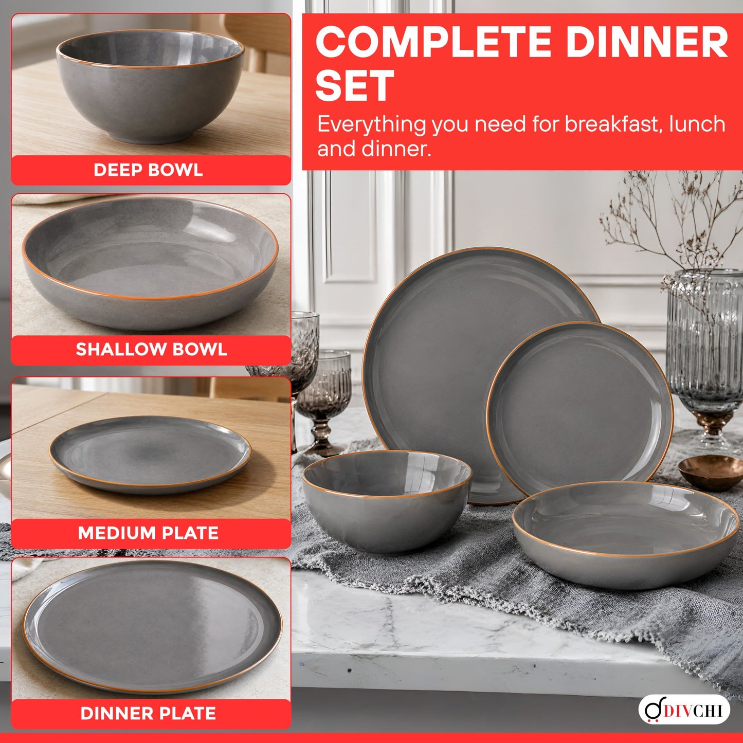 DIVCHI 16-Piece Dinner Set for 4 Ceramic Dinnerware Set