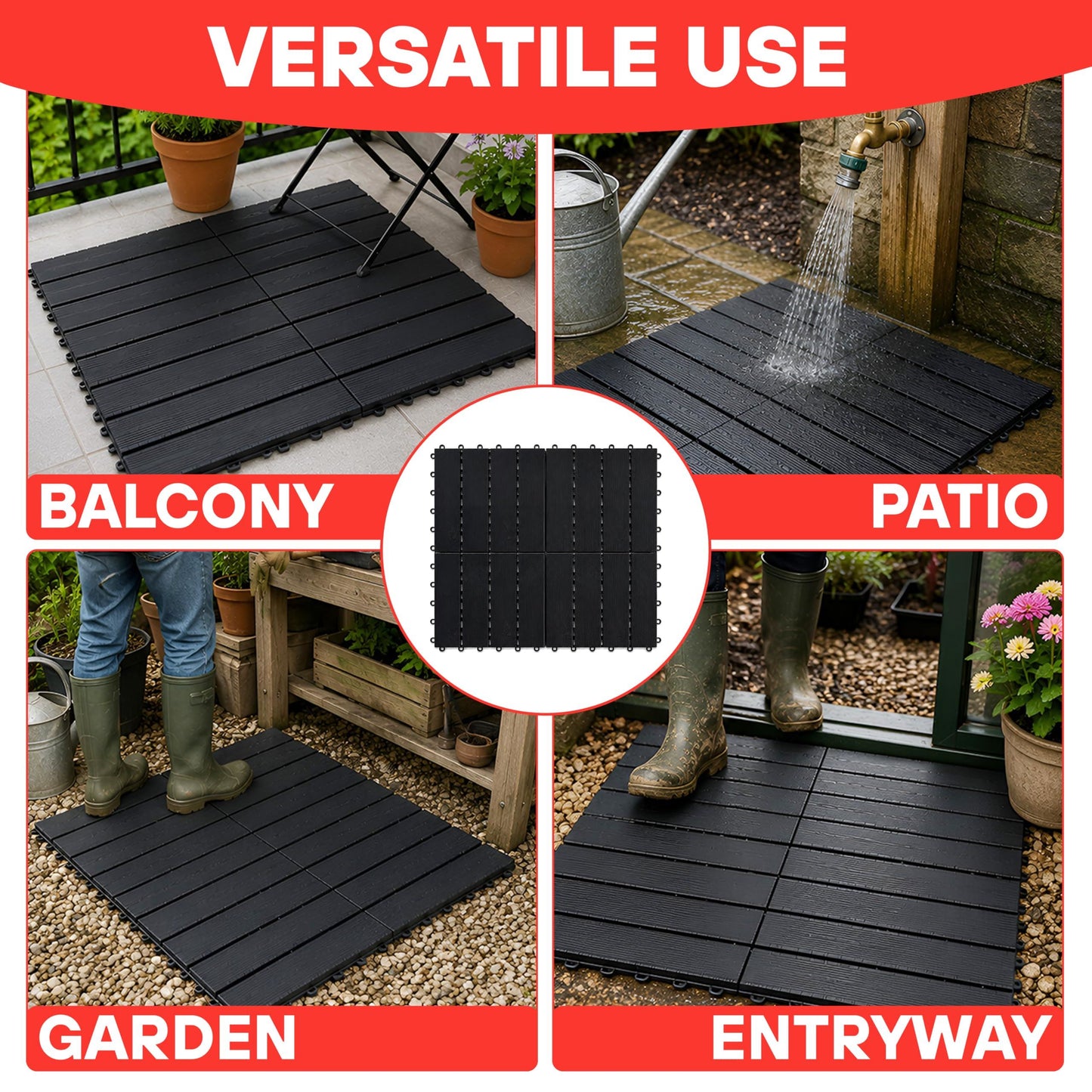 DIVCHI Composite Decking Tiles Set of 4 Interlocking Mat Outdoor Garden Deck Tiles Patio Flooring for Balcony Terrace (29.5 x 29.5 cm)