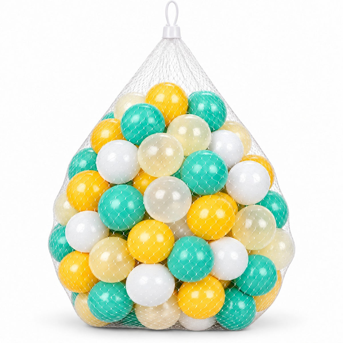 DIVCHI gold, mint, white and clear soft play balls in a net bag
