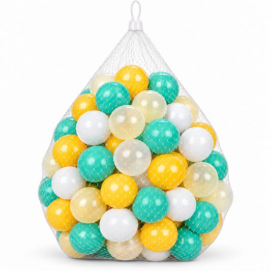 DIVCHI gold, mint, white and clear soft play balls in a net bag