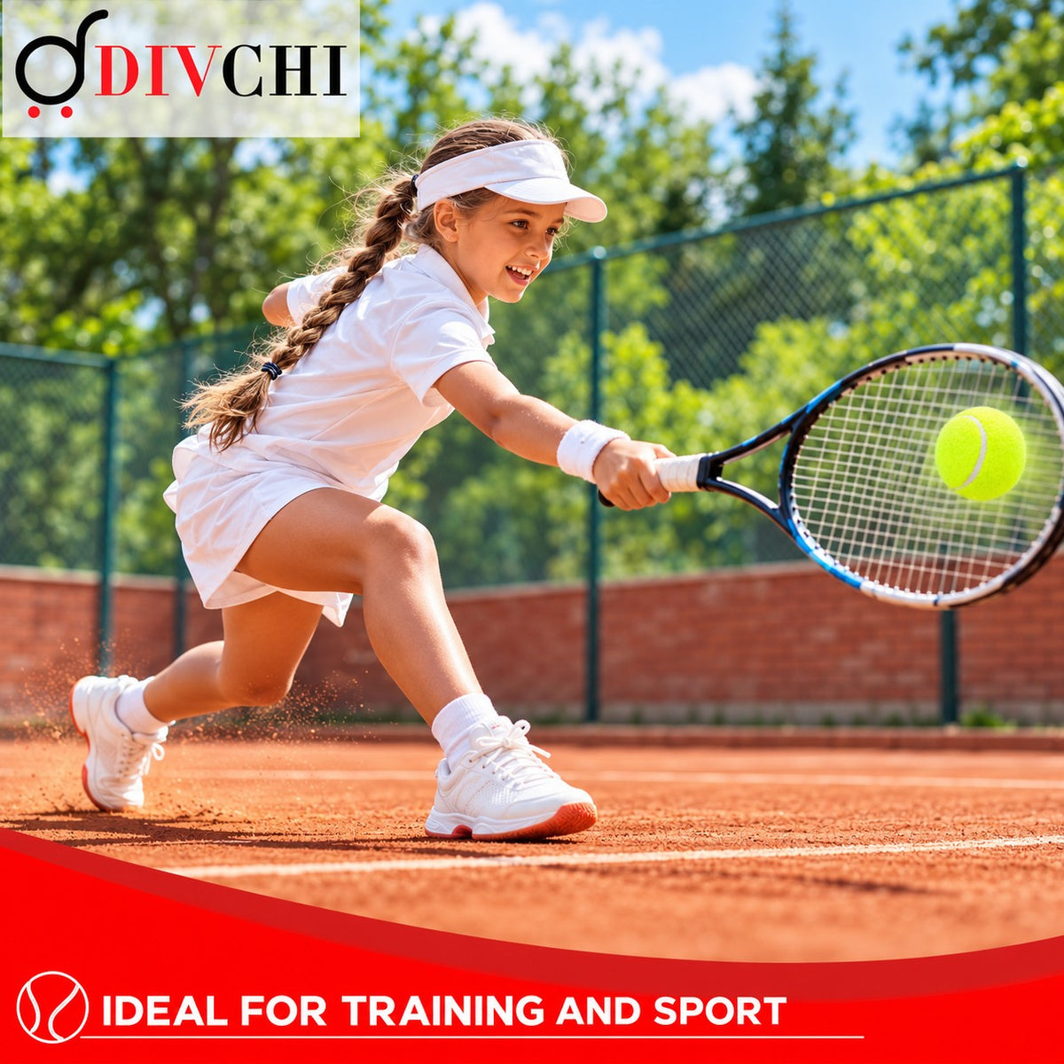 Girl hitting a DIVCHI tennis ball on a clay court, ideal for training and sport