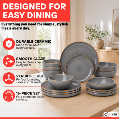 DIVCHI 16-Piece Dinner Set for 4 Ceramic Dinnerware Set
