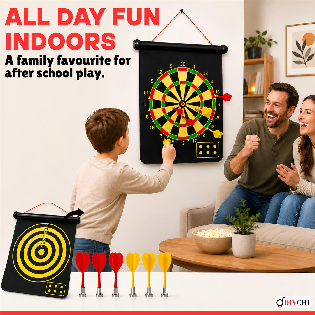 Family playing the DIVCHI magnetic dart board indoors