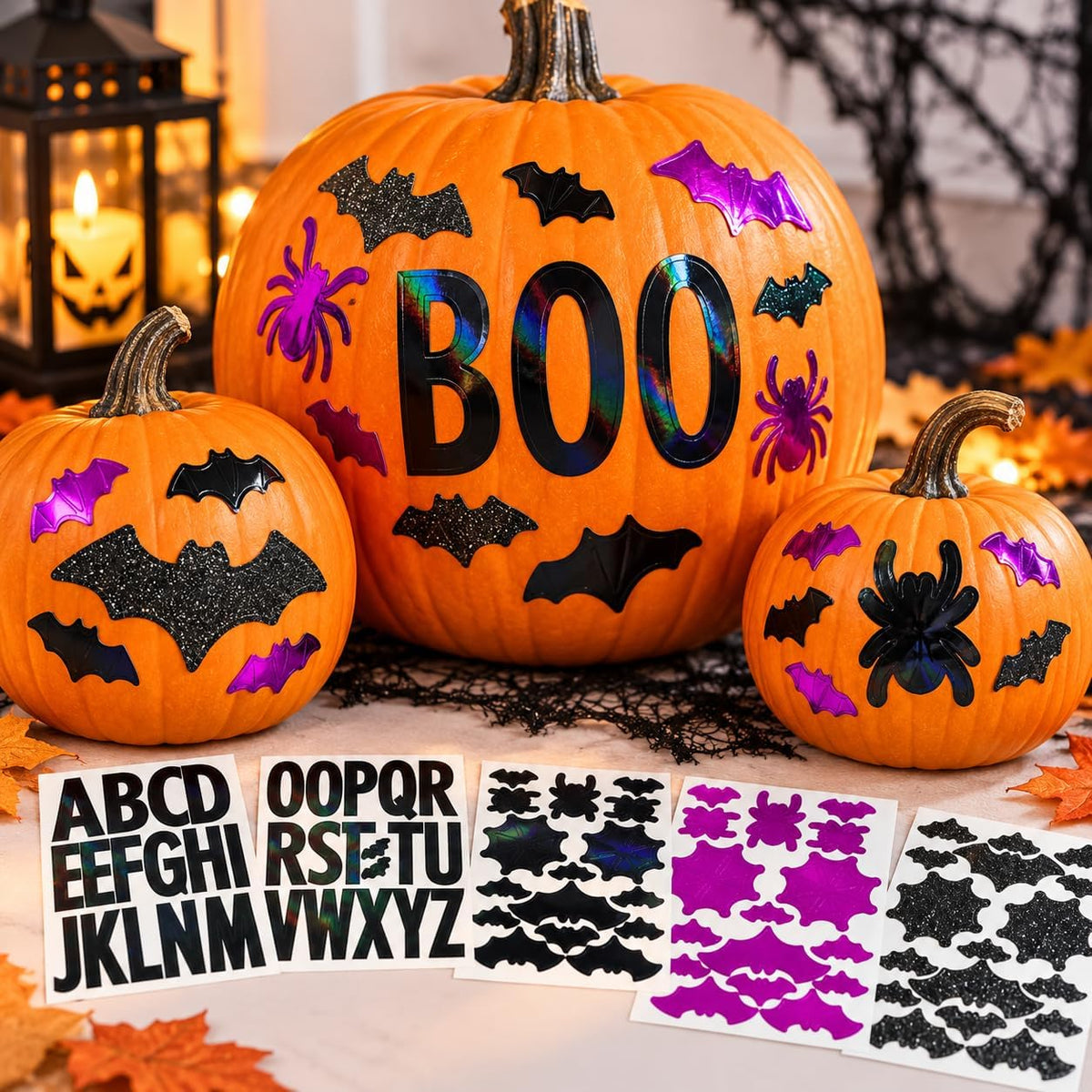 Halloween pumpkin decorating stickers – alphabet letters, bats and spiders