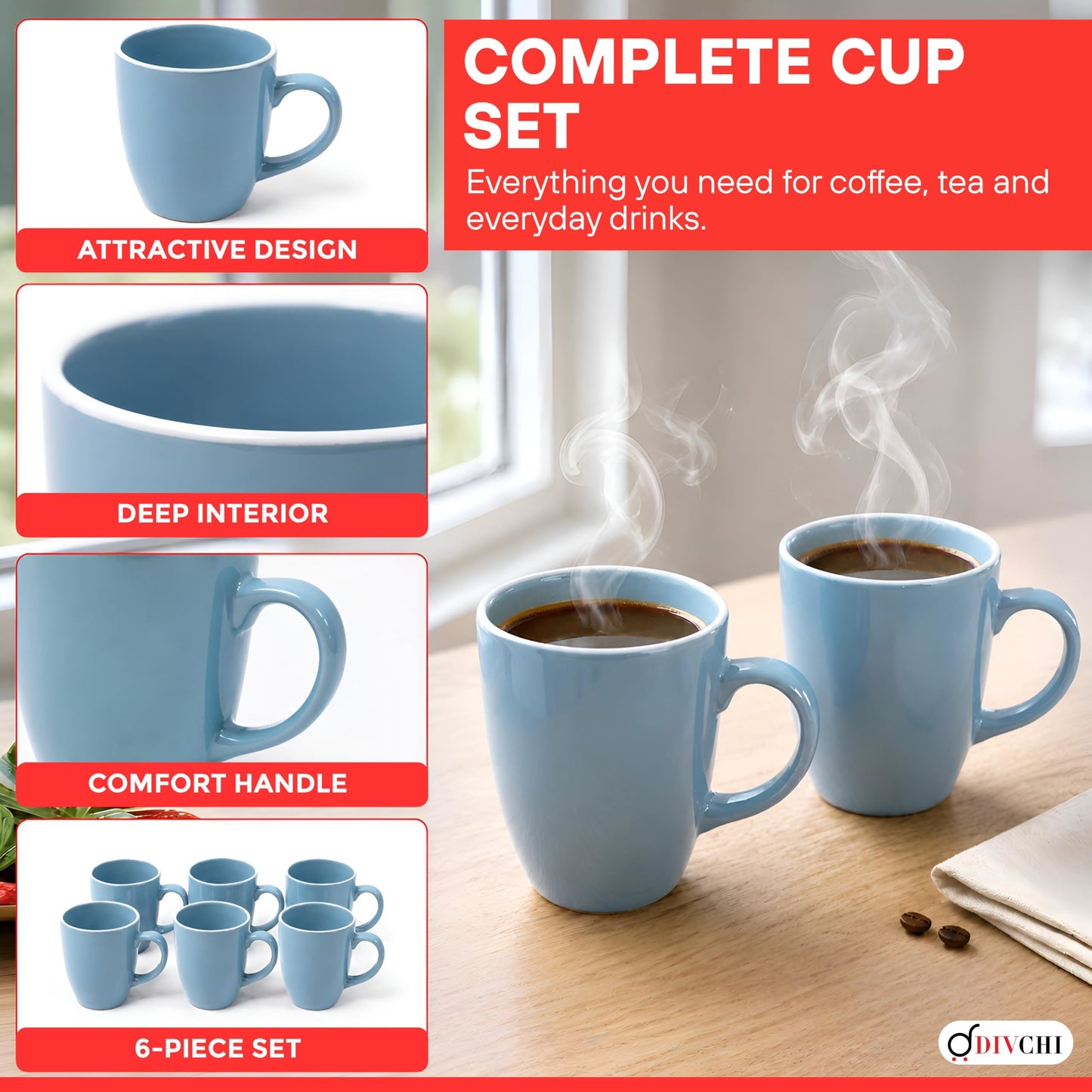 DIVCHI Coffee Mugs Set of 6 Ceramic Tea Hot Chocolate Cups