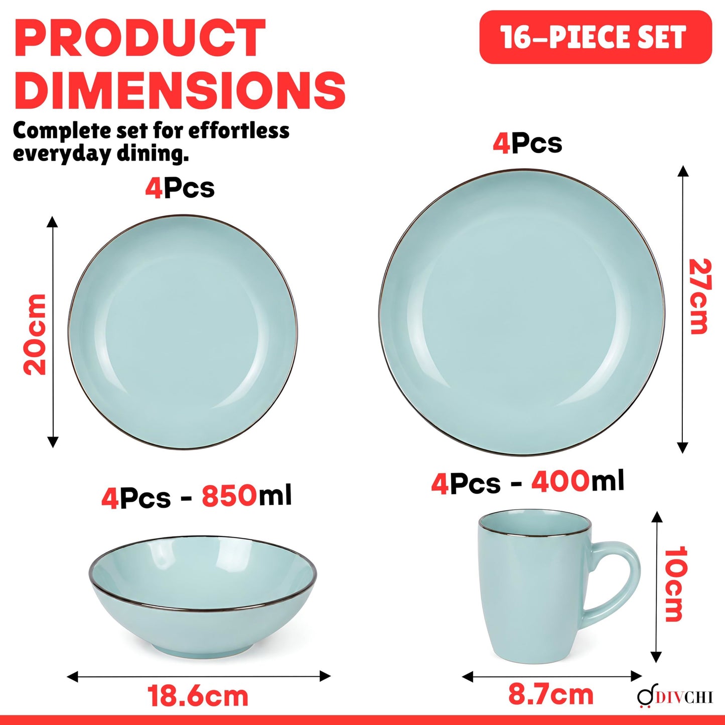 DIVCHI 16-Piece Dinner Set for 4, Ceramic Kitchen Tableware