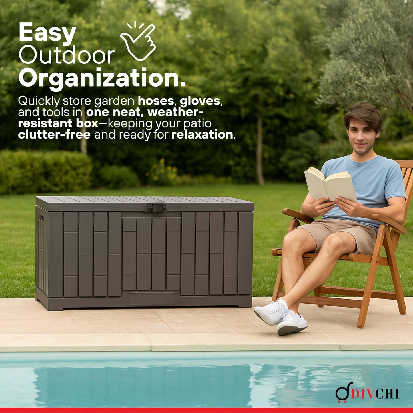 DIVCHI Outdoor Storage Box Waterproof Deck Box for Garden Tools Patio Cushions and Pool Accessories Lockable Easy Assembly Versatile Bench or Table (80 Gallon)