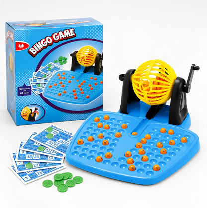 DIVCHI bingo game set with box, yellow spinning bingo cage, ball tray, bingo cards and green marker chips