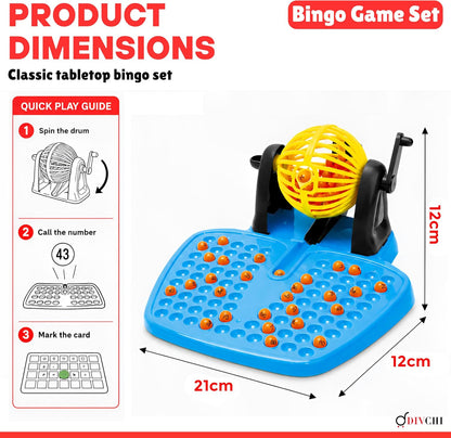 DIVCHI bingo machine dimensions 21 x 12 x 12 cm with quick play guide: spin, call, mark
