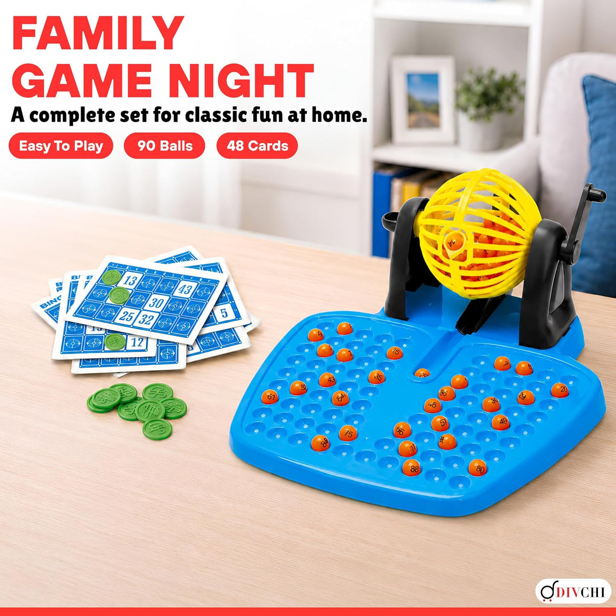 DIVCHI bingo set for family game night with 90 balls and 48 cards on a table
