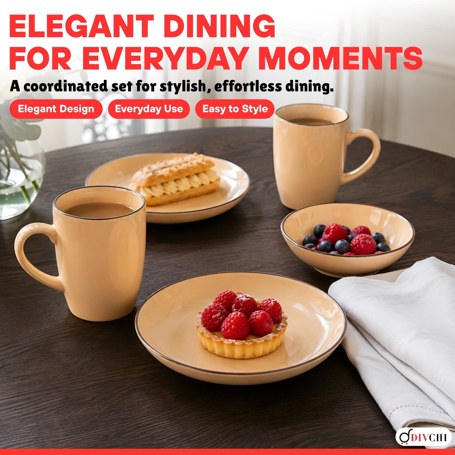 DIVCHI 16-Piece Dinner Set for 4, Ceramic Kitchen Tableware