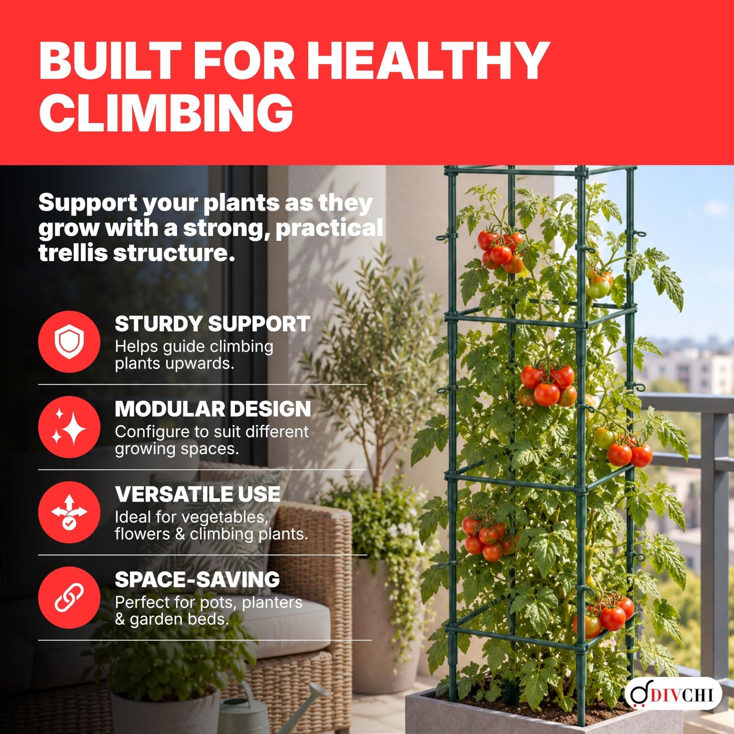 DIVCHI Tomato Plant Support Cage, Square Garden Trellis with Plants Support Clips & Stakes for Vertical Climbing Plants, Vegetables, Fruits, Flowers & Vines