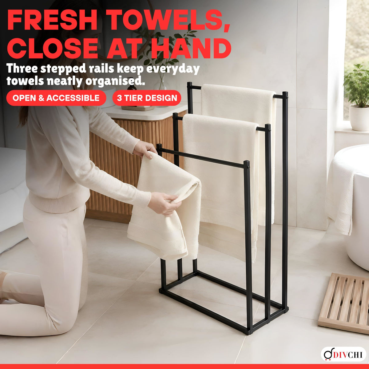 DIVCHI Freestanding Towel Rail - 3 Tier Towel Drying Stand, Black