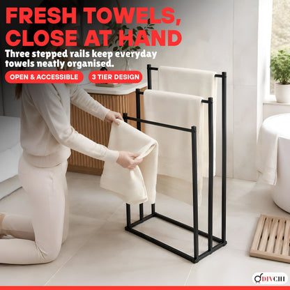 DIVCHI Freestanding Towel Rail - 3 Tier Towel Drying Stand, Black