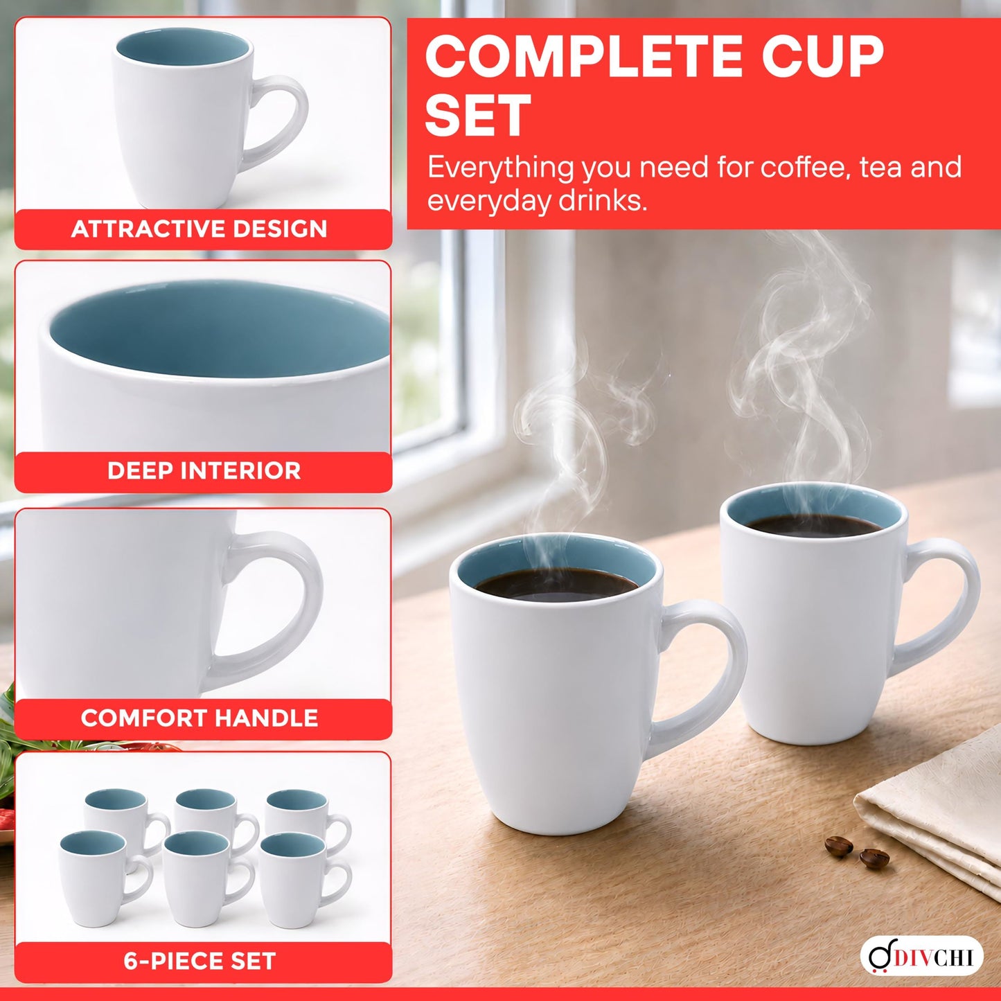 DIVCHI Coffee Mugs Set of 6 Ceramic Tea Hot Chocolate Cups