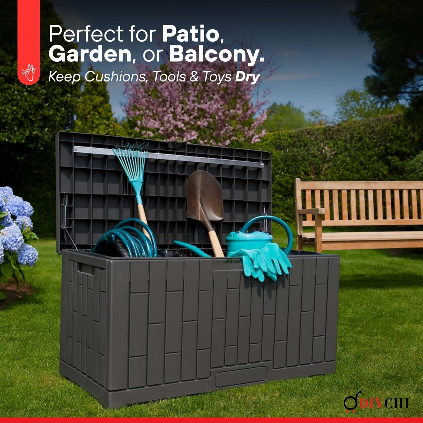 DIVCHI Outdoor Storage Box Waterproof Deck Box for Garden Tools Patio Cushions and Pool Accessories Lockable Easy Assembly Versatile Bench or Table (80 Gallon)