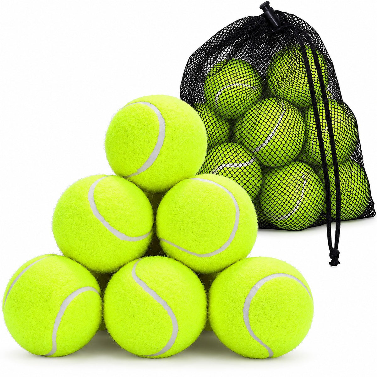 Basket of DIVCHI tennis balls on a tennis court, available in 12 and 24 packs